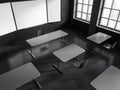 Top view of black classroom interior with table in row and blackboard mockup Royalty Free Stock Photo