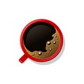 Top view black coffee in red cup isolated on white. Mug of brown coffee with foam and bubbles. Hot beverage, drink in Royalty Free Stock Photo