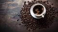 Top view of black coffee with a world map on a cup on the table in the form of coffee beans Generative AI Royalty Free Stock Photo