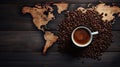 Top view of black coffee with a world map on a cup on the table in the form of coffee beans Generative AI Royalty Free Stock Photo