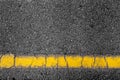 Top view of a black dark road street tarmac surface background texture with copy space yellow line marking Royalty Free Stock Photo