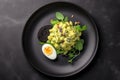 Top View, Black Matte Round Plate On White Background With Avocado Egg Salad. Generative AI