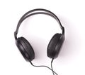 Top view of black professional over-ear wired headphones Royalty Free Stock Photo