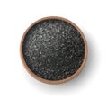 Top view of black salt in wooden bowl Royalty Free Stock Photo