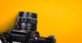 Top view of black vintage film camera isolated on yellow background included clipping patht Royalty Free Stock Photo