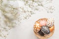 Top view of black, white and golden decorated easter eggs in wicker basket decorated with gypsophila on white concrete background Royalty Free Stock Photo