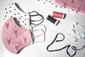 Top View Of Black And White Polka Dots And Pink Ice Cream Fabric With Filter, Thread, Rubber Band And Anti-virus Fabric Mask
