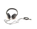 Top view black wired headphone with swiveling earcup foam cushions, L-shaped stereo mini plug 3.5mm isolated on white background,