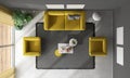 Top view of black and yellow living room