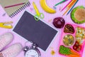 top view of blackboard and tray with kids lunch for school Royalty Free Stock Photo