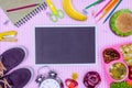 top view of blackboard and tray with kids lunch for school Royalty Free Stock Photo