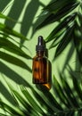 top view of Blank amber glass essential oil or serum bottle with pipette on green background with tropical leaves shadow Royalty Free Stock Photo