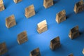 Top View. Blank Bags From Recyclable Craft Paper On Blue Background. Packaging Template Mock up. Delivery. 3d rendering