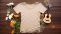 Top View Of Blank Beige Woman\'s T-Shirt Mockup With Feminine Boho Floral Elements. Generative AI Royalty Free Stock Photo