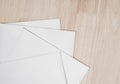 Top view of blank business cards isolated on wood background. Poster mock-ups paper, white paper Blank portrait A4. brochure Royalty Free Stock Photo