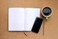 Top view with blank notebook,smartphone,pencil and coffee on brown wood table background Royalty Free Stock Photo