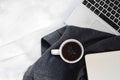 Top view of a blank open notebook, green pen and a coffee on an espresso glass Royalty Free Stock Photo