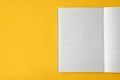 Top view of blank opened grid notebook isolated on yellow background with copy space, flat lay Royalty Free Stock Photo