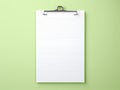 Top view blank paper and clip board. Desktop mock up, Flat lay of green working table background with office equipment