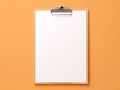 Top view blank paper and clip board. Desktop mock up, Flat lay of orange working table background with office equipment