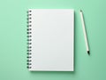 Top view blank paper Notebook and pen. Desktop mock up, Flat lay of green working table background with office equipment