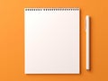 Top view blank paper Notebook and pencil. Desktop mock up, Flat lay of orange working table background with office