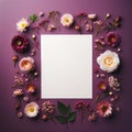 A blank piece of paper surrounded by a variety of blooms. Flowers Background, Mockup