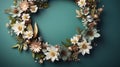 Top view of Blooming colorful wreath flowers and petals on background, Floral frame composition, copy space, flat lay