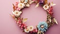 Top view of Blooming colorful wreath flowers and petals on background, Floral frame composition, copy space, flat lay