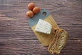 top view of blue cheese ,and slice of brown bread on table Royalty Free Stock Photo