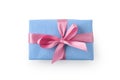 Top view of blue gift box with pink ribbon bow isolated on white background Royalty Free Stock Photo