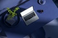Top view of blue office workplace with empty laptop and other items. Hipster home workplace. Mock up Royalty Free Stock Photo