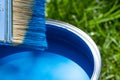 Top view of blue paint can, can lid, new brush on green grass Royalty Free Stock Photo