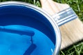 Top view of blue paint can, can lid, new brush on green grass Royalty Free Stock Photo