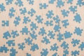 Top view of blue puzzle parts scattered on wooden table. Royalty Free Stock Photo