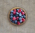 Top view. Blue and red berries in bowl. Ripe raspberries and blueberries. Background of mix berries with copy space for text.