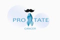 Top view on blue ribbon with border and mustache isolated on white background. Prostate cancer awareness symbol concept. Royalty Free Stock Photo