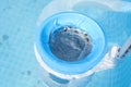 Top view of the blue skimmer for cleaning the pool in clear water. Contaminated pool cleaning concept Royalty Free Stock Photo