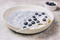 Top view of blue yogurt smoothie bowl made with blueberry Royalty Free Stock Photo