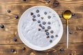 Top view of blue yogurt smoothie bowl made with blueberry Royalty Free Stock Photo