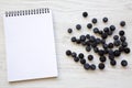 Top view, blueberries and blank notepad on a white wooden background. Space for text