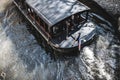 Top view of boat gondola ship for tourism on river.   through canal waters of Venice Italy. service of travel in city and making e Royalty Free Stock Photo