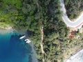 Top view of the boats on the sandy beach in D-Maris Bay Hotel nearby Bencik Bay, Turkey