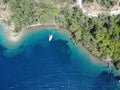 Top view of the boats on the sandy beach in D-Maris Bay Hotel nearby Bencik Bay, Turkey Royalty Free Stock Photo