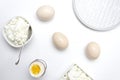 Top view of boiled eggs and curd cheese prepared for tasty and dieting lunch. Food as a source of vitamins Royalty Free Stock Photo