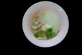 Top view of boiled rice soup with seafood shrimps, squid and fish Royalty Free Stock Photo