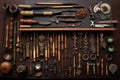 top view of bonsai shaping tools on a wooden bench