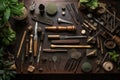 top view of bonsai shaping tools on a wooden bench