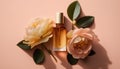 top view of bottle of aroma oil near roses on beige background