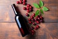 top view of a bottle of cherry cola alongside cherries